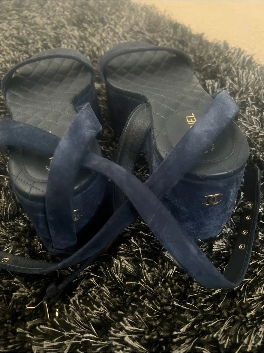 CHANEL Navy Suede Platform Heels with Gold CC Accent